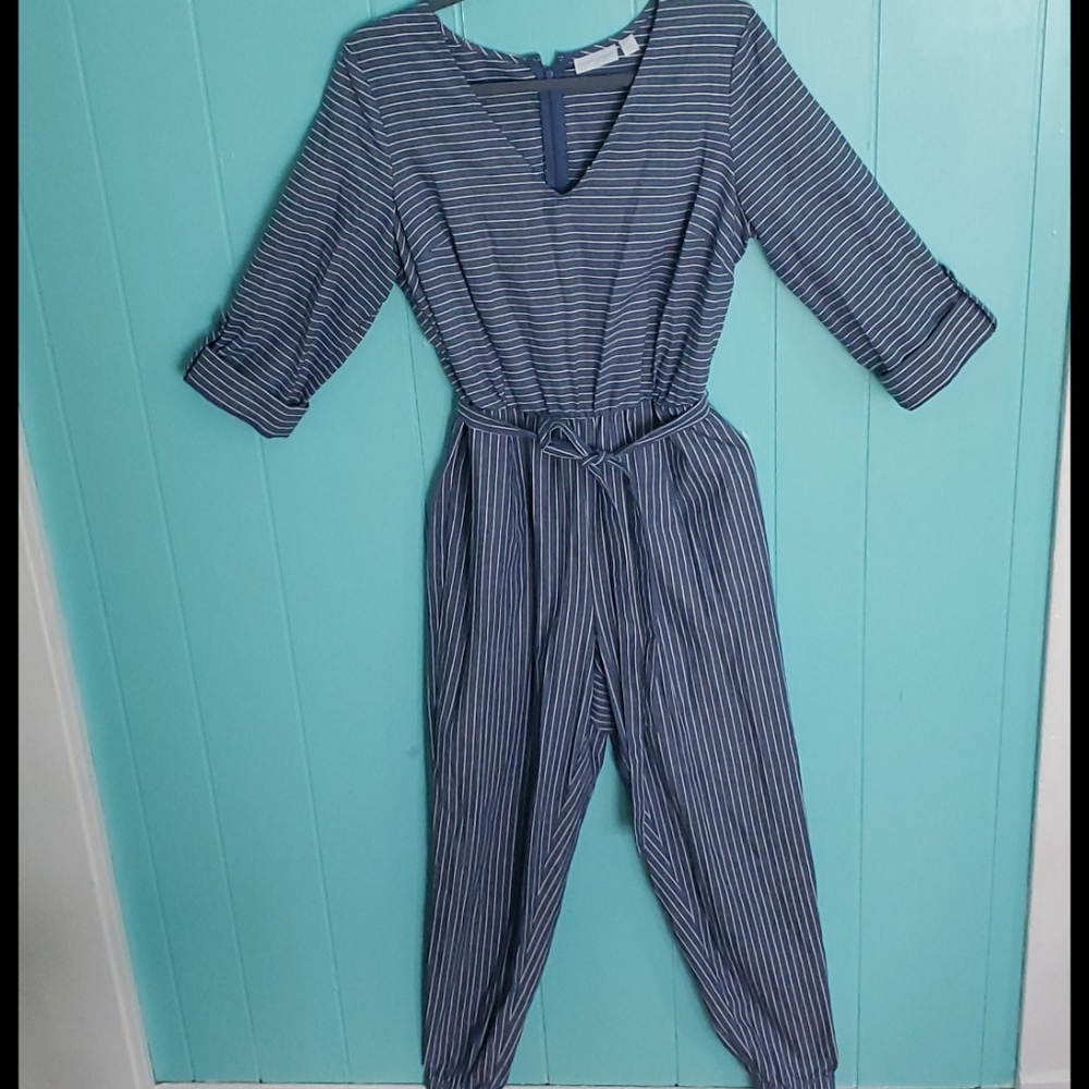 New York & Company Mixed Stripe Jumpsuit- Blue - Picture 2 of 16